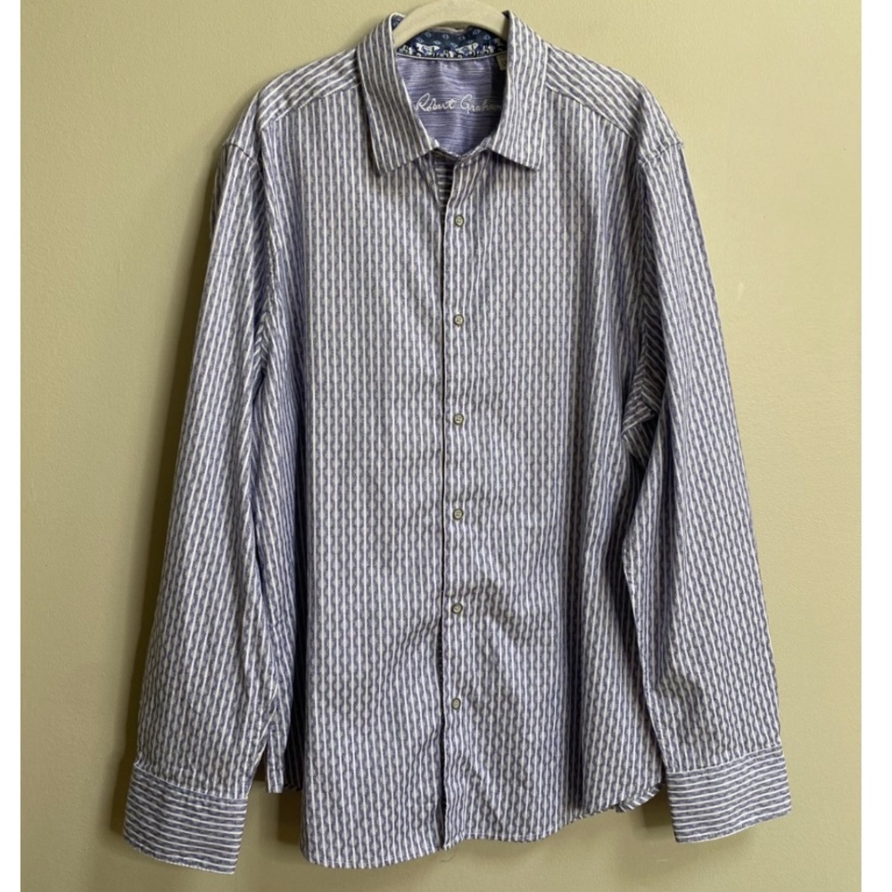 Men's Robert Graham Blue Striped Dot Jacquard Button Down Flip Cuff Shirt XXL